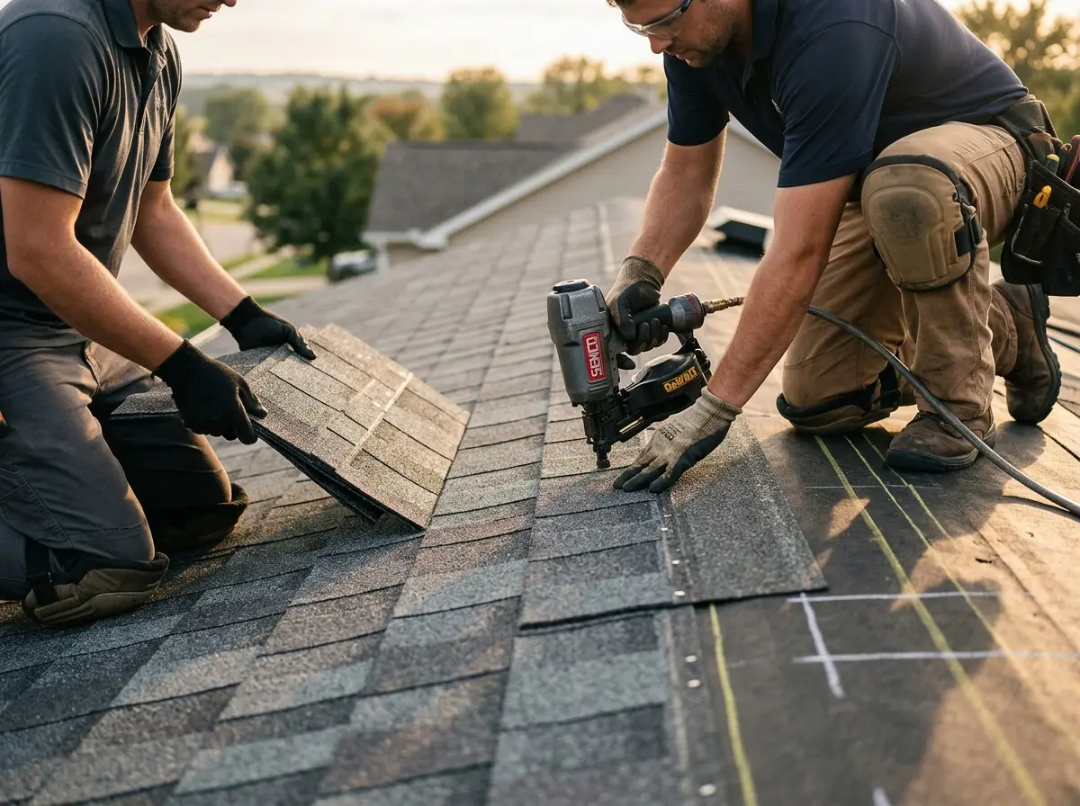 Professional roofer working on a residential roof in West Pensacola